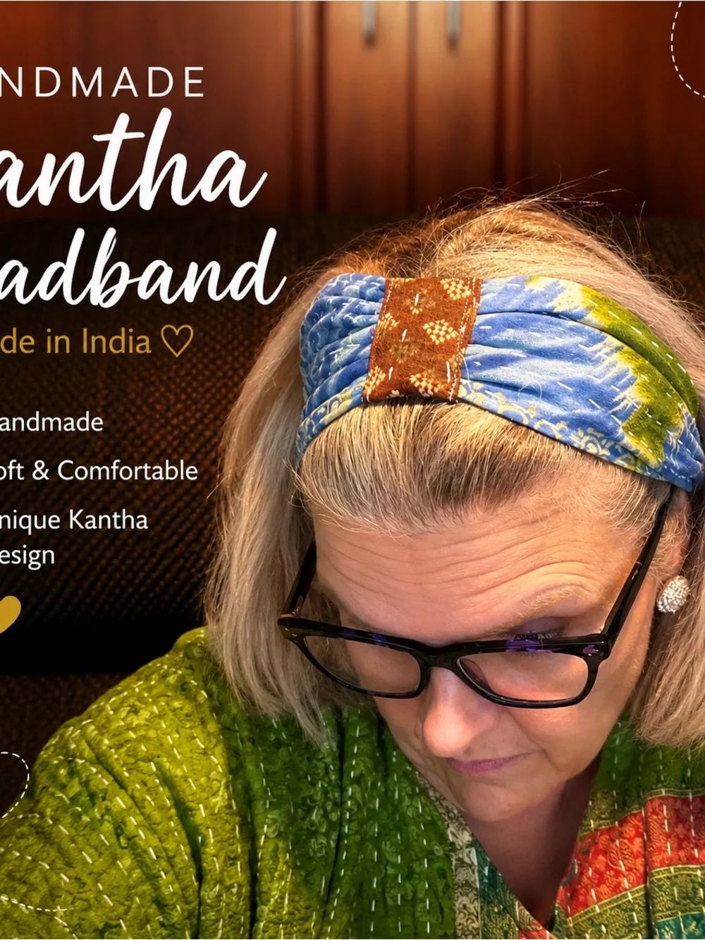 Kantha Twist Headband in Blue & Brown — Handmade in India